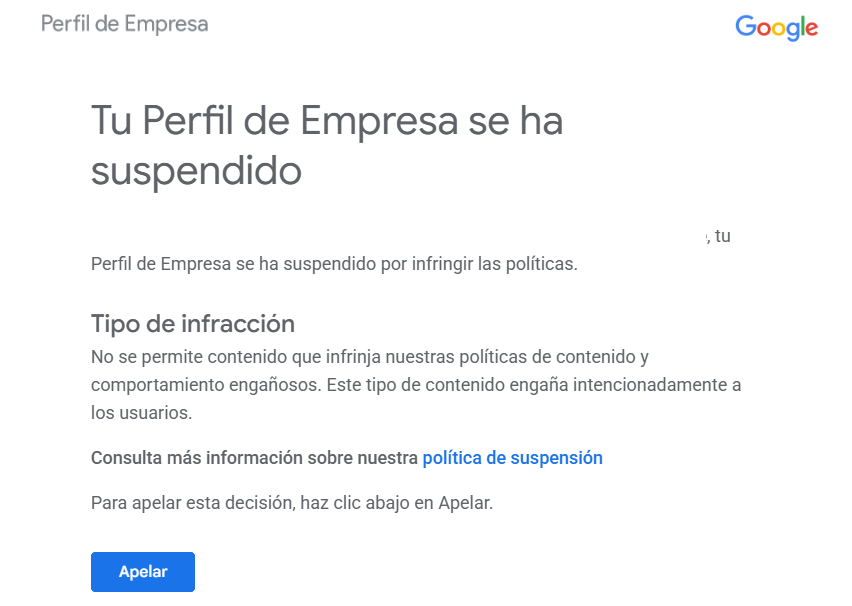 Ficha suspendida en Google Business Profile, correo de google